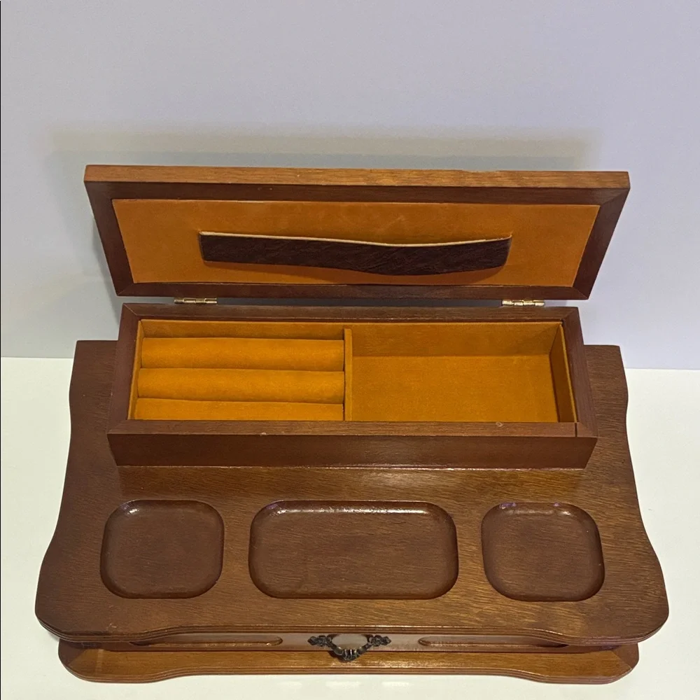 MCM Vintage Wood And Leather Two Tier Jewelry Box Velvet Lined